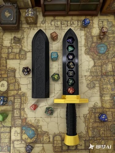DND Dice Tower with Holder Box – Medieval 3D Printed Dice Jail for RPG Games (Includes Random 7-Piece D20 Set) Black & Black & Gold