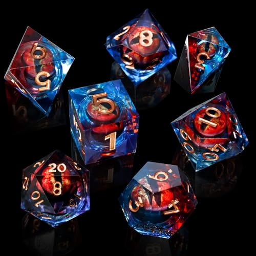DND Liquid Core Dragon Eye Dice Set – Resin Sharp Edge Polyhedral Dice with Box for RPG Games