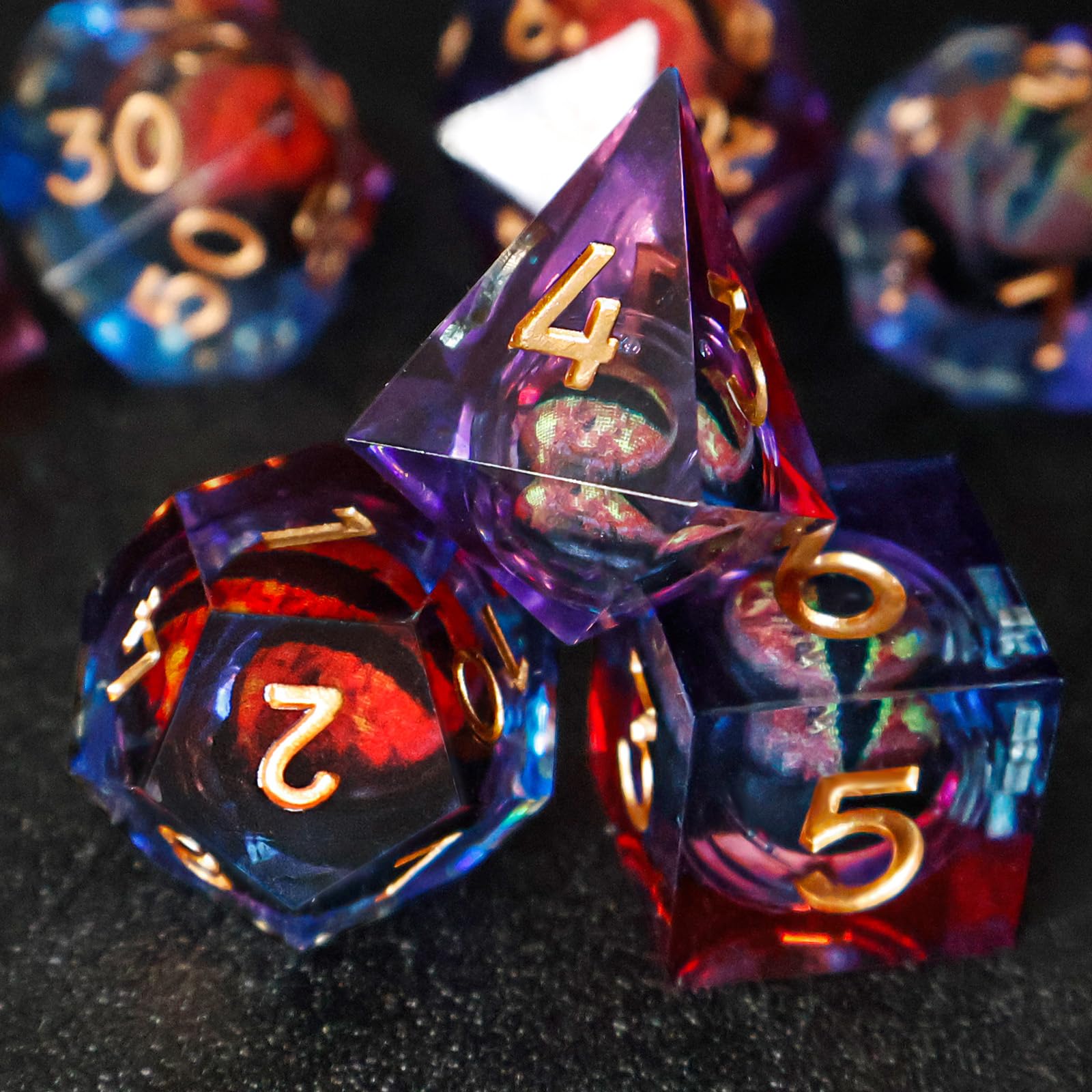DND Liquid Core Dragon Eye Dice Set – Resin Sharp Edge Polyhedral Dice with Box for RPG Games
