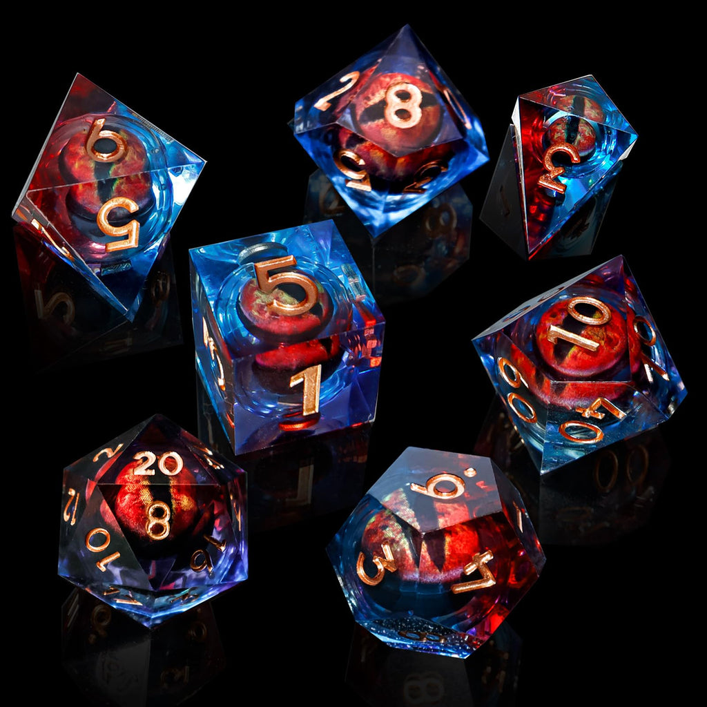 DND Liquid Core Dragon Eye Dice Set – Resin Sharp Edge Polyhedral Dice with Box for RPG Games