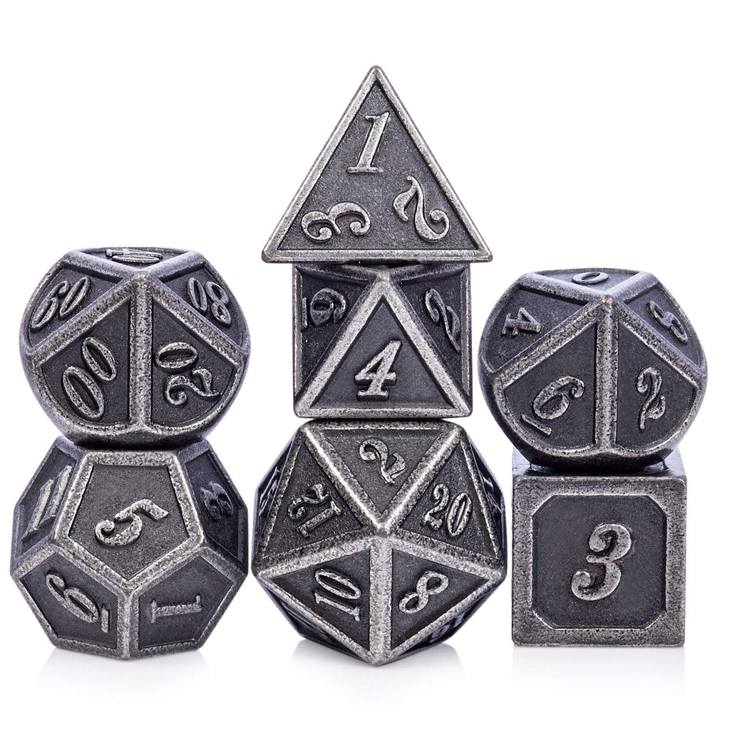 DnDnD 7-Piece Silver Metal Dice Set for D&D and Other RPGs - Includes Metal Case
