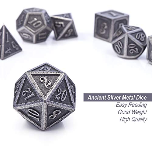 DnDnD 7-Piece Silver Metal Dice Set for D&D and Other RPGs - Includes Metal Case