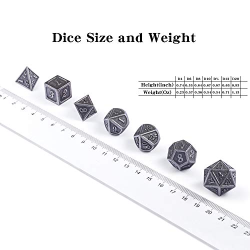 DnDnD 7-Piece Silver Metal Dice Set for D&D and Other RPGs - Includes Metal Case