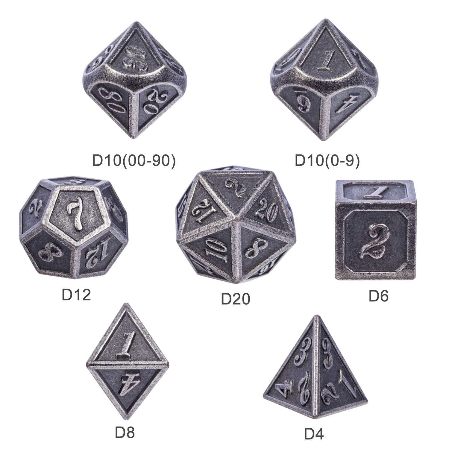 DnDnD 7-Piece Silver Metal Dice Set for D&D and Other RPGs - Includes Metal Case