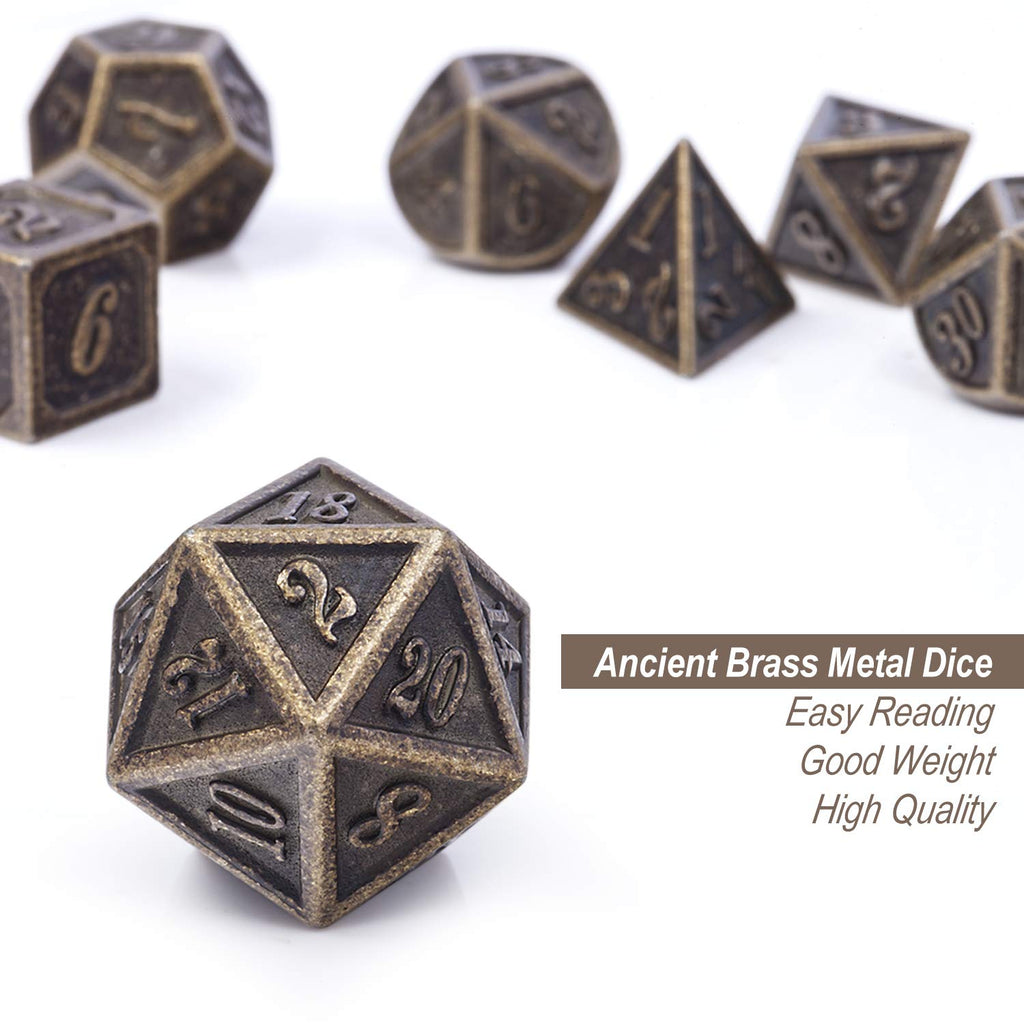 DNDND Ancient Brass 7-Piece Metal Dice Set with Metal Box for D&D and RPGs