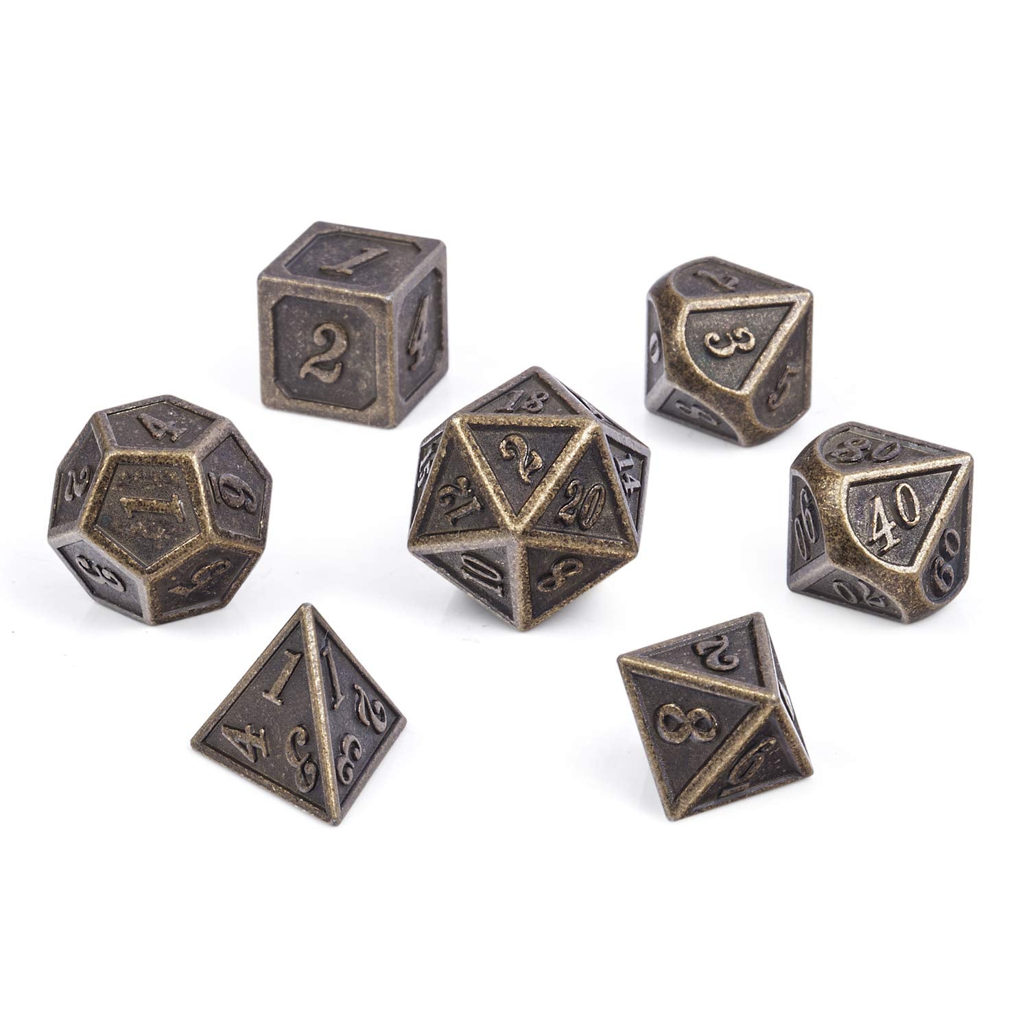 DNDND Ancient Brass 7-Piece Metal Dice Set with Metal Box for D&D and RPGs