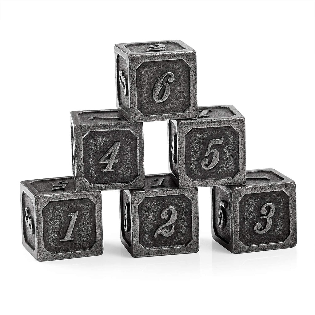 DNDND Ancient Silver Metal D6 Dice Set – 6 Zinc Alloy Dice with Velvet Bag for RPG Games