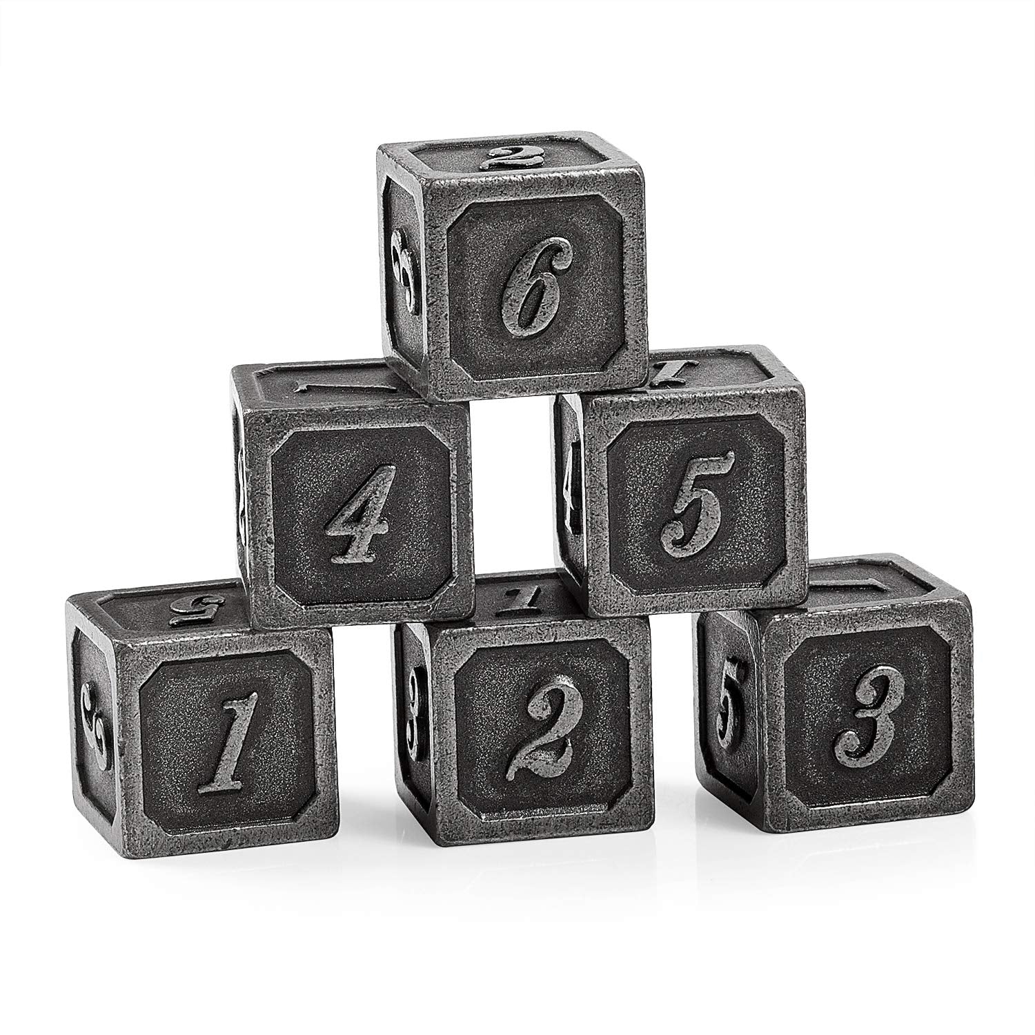DNDND Ancient Silver Metal D6 Dice Set – 6 Zinc Alloy Dice with Velvet Bag for RPG Games