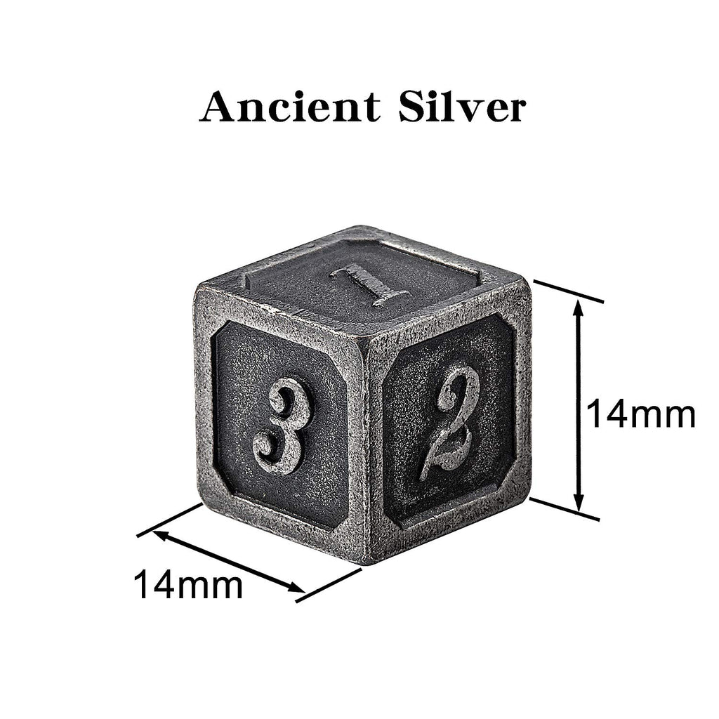 DNDND Ancient Silver Metal D6 Dice Set – 6 Zinc Alloy Dice with Velvet Bag for RPG Games
