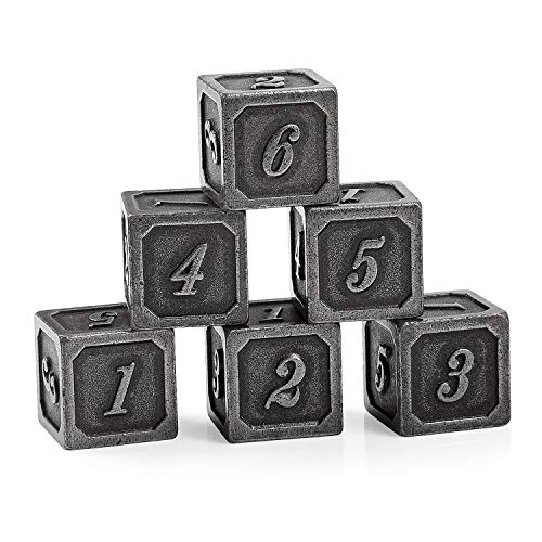 DNDND Ancient Silver Metal D6 Dice Set – 6 Zinc Alloy Dice with Velvet Bag for RPG Games