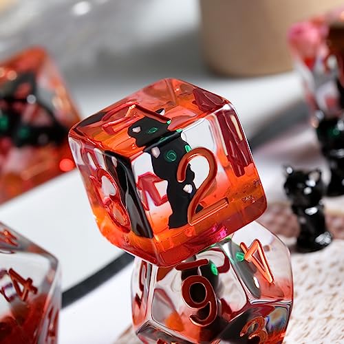 DNDND Black Cat Dice Set - 7 Polyhedral Resin Dice with Velvet Bag for RPGs