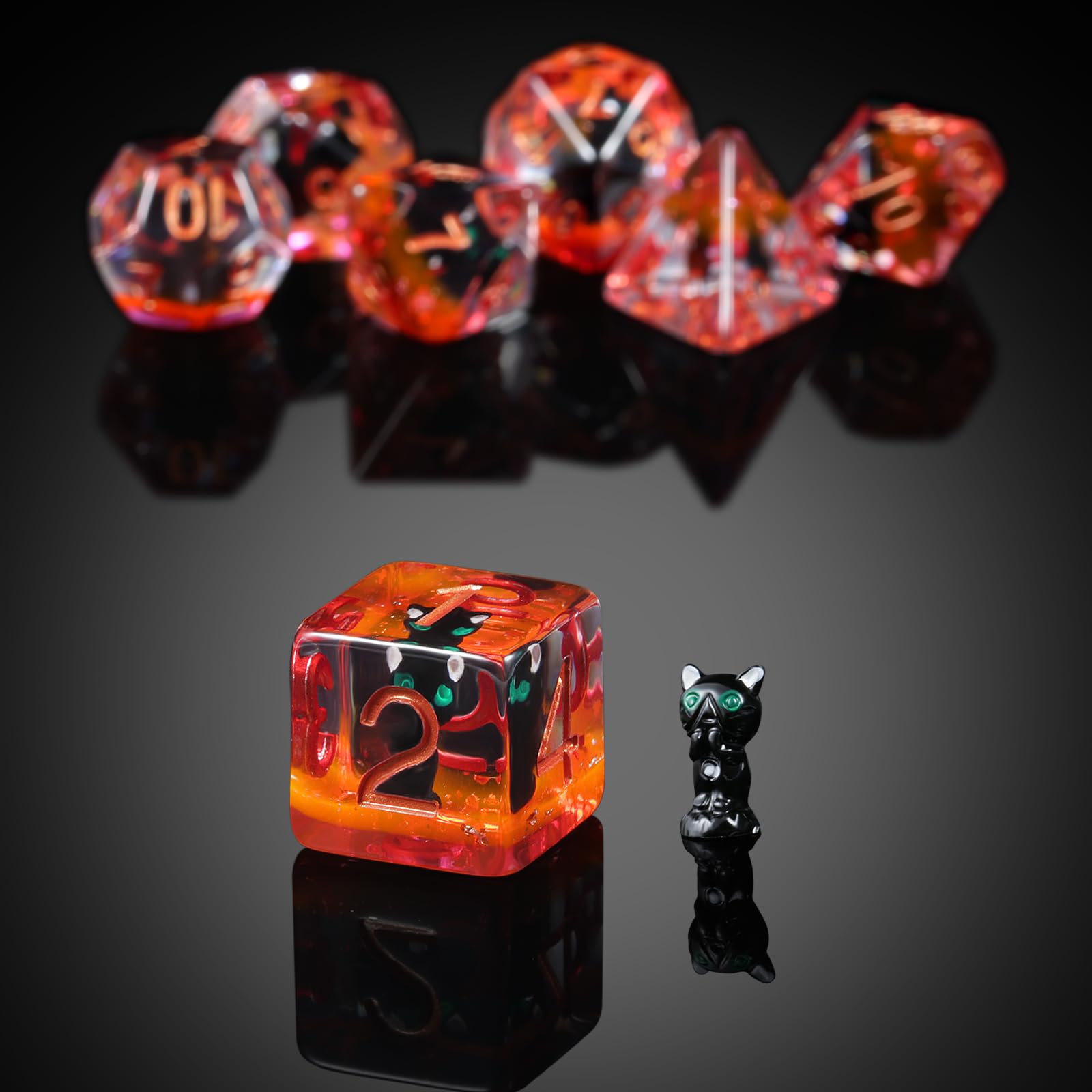 DNDND Black Cat Dice Set - 7 Polyhedral Resin Dice with Velvet Bag for RPGs