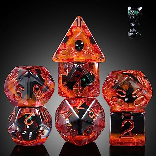 DNDND Black Cat Dice Set - 7 Polyhedral Resin Dice with Velvet Bag for RPGs
