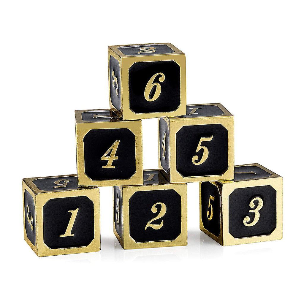 DNDND D6 Metal Dice Set – 6 Zinc Alloy Dice with Gold Numbers & Black Velvet Bag