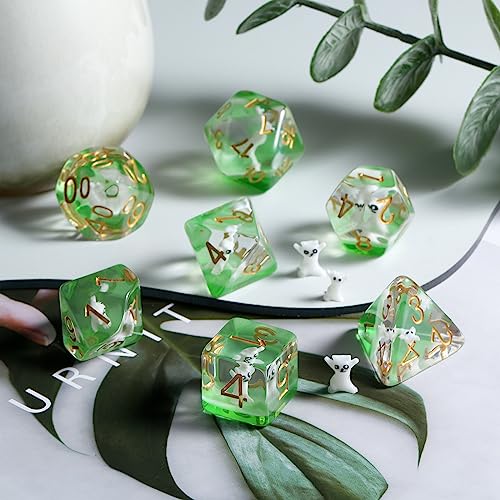 DNDND Enchanting Cat Resin Dice Set – 7-Piece Polyhedral Dice with Velvet Bag for D&D and RPGs