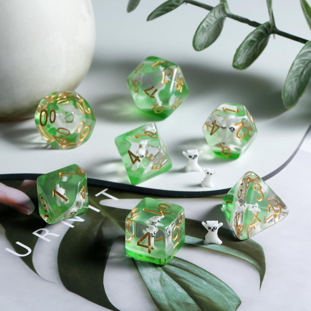 DNDND Enchanting Cat Resin Dice Set – 7-Piece Polyhedral Dice with Velvet Bag for D&D and RPGs