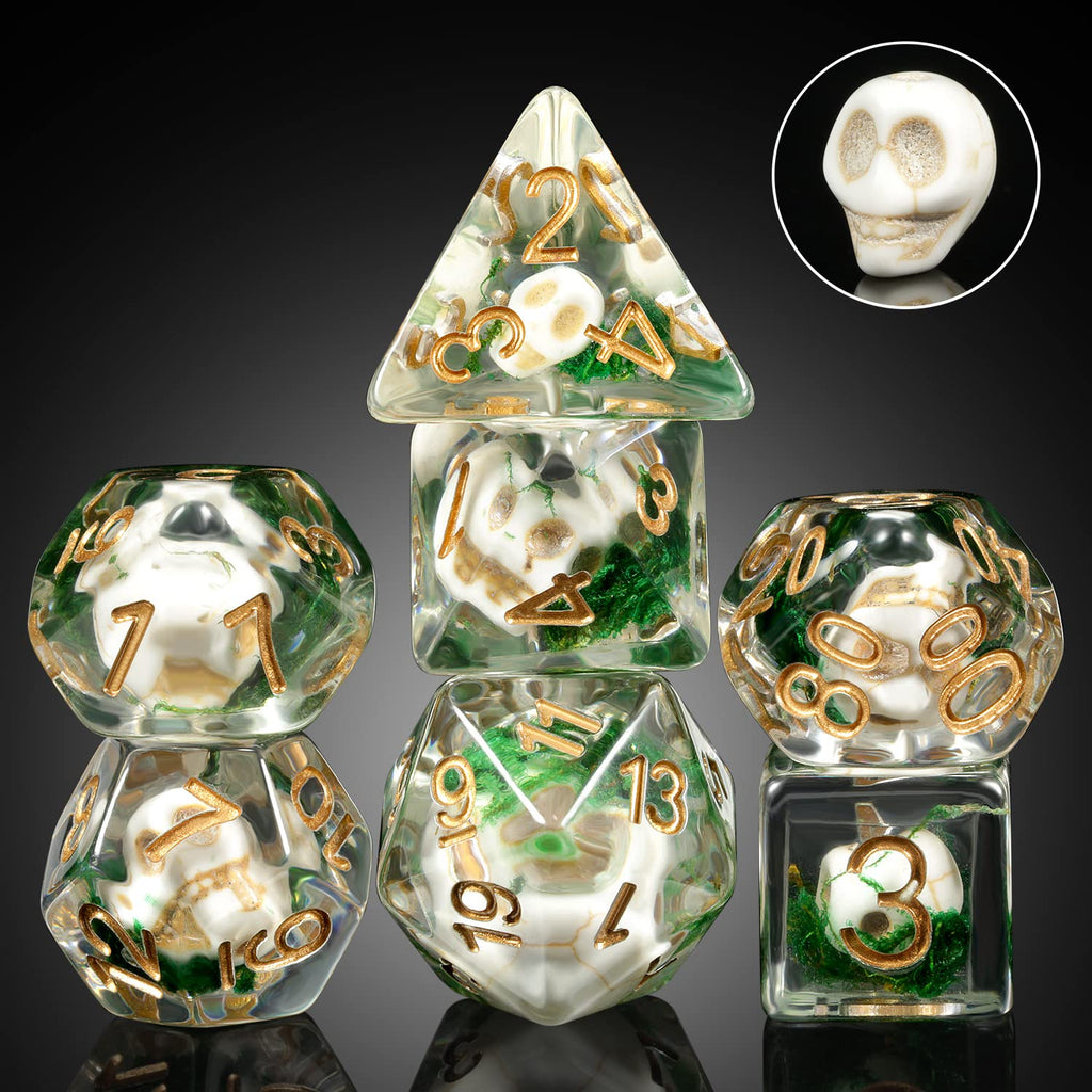 DNDND Skull DND Dice Set – 7 Polyhedral Resin Dice with Gold Numbers and Velvet Pouch for Dungeons & Dragons
