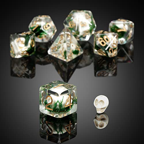 DNDND Skull DND Dice Set – 7 Polyhedral Resin Dice with Gold Numbers and Velvet Pouch for Dungeons & Dragons