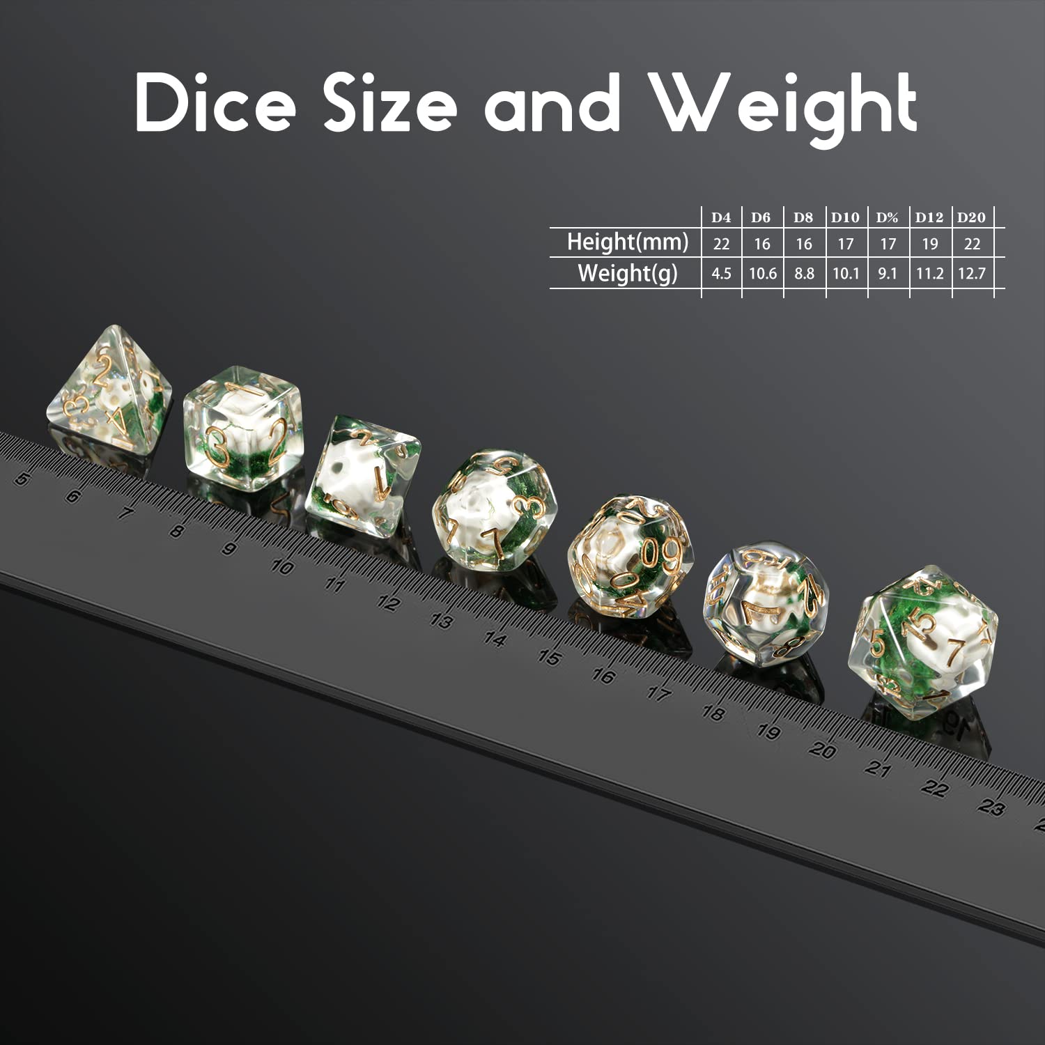 DNDND Skull DND Dice Set – 7 Polyhedral Resin Dice with Gold Numbers and Velvet Pouch for Dungeons & Dragons