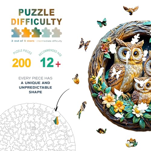 DOCRAGI Owl Family Wooden Jigsaw Puzzle – 200-Piece Unique Shape for Adults, Decor & Gifts