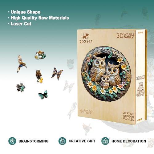 DOCRAGI Owl Family Wooden Jigsaw Puzzle – 200-Piece Unique Shape for Adults, Decor & Gifts