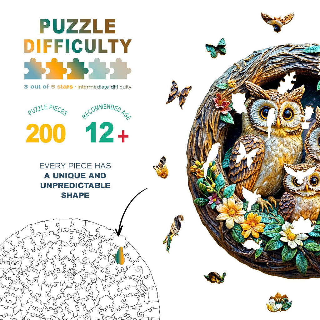 DOCRAGI Owl Family Wooden Jigsaw Puzzle – 200-Piece Unique Shape for Adults, Decor & Gifts