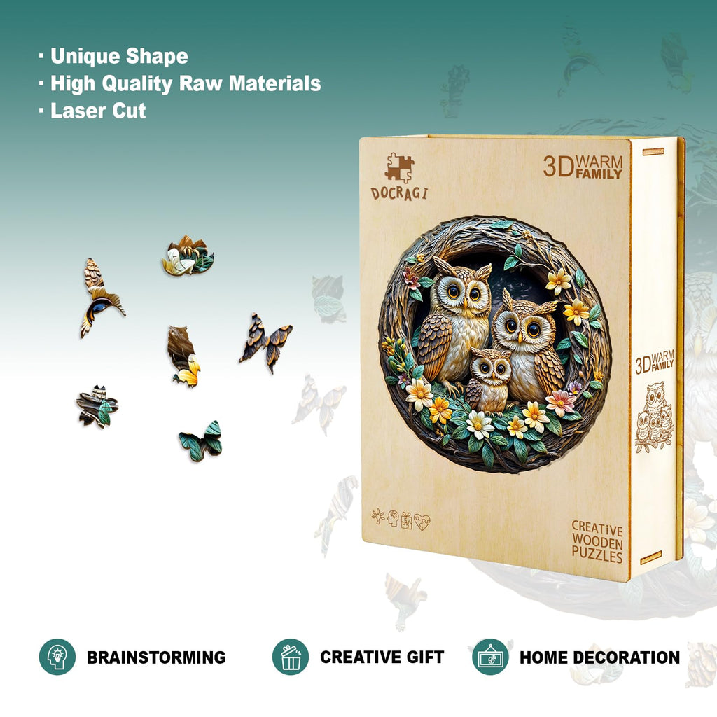 DOCRAGI Owl Family Wooden Jigsaw Puzzle – 200-Piece Unique Shape for Adults, Decor & Gifts