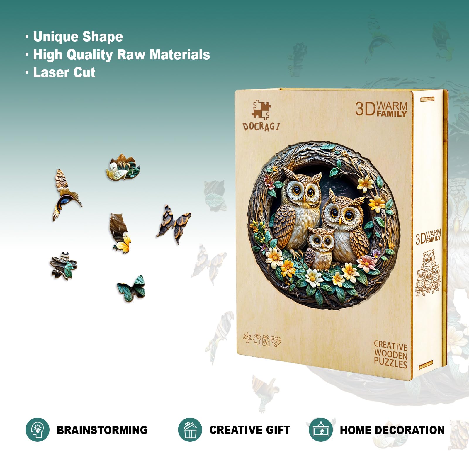 DOCRAGI Owl Family Wooden Jigsaw Puzzle – 200-Piece Unique Shape for Adults, Decor & Gifts