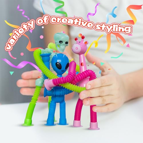 DoDoMagxanadu 8-Pack Pop Tube Fidget Toys: Telescopic Suction Cup Skeleton Robots, Skulls, Giraffes, and Aliens for Sensory Play and Stress Relief