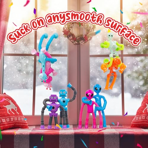 DoDoMagxanadu 8-Pack Pop Tube Fidget Toys: Telescopic Suction Cup Skeleton Robots, Skulls, Giraffes, and Aliens for Sensory Play and Stress Relief