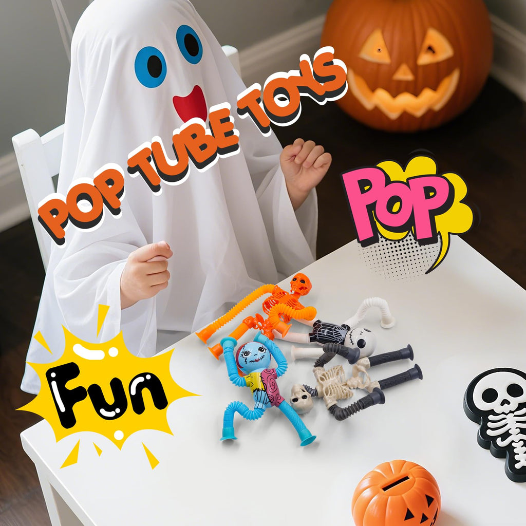 DoDoMagxanadu Halloween Pop Tubes Skeleton Fidget Toys 4 Pack – Telescopic Suction Cup Stress Relief for Kids and Adults