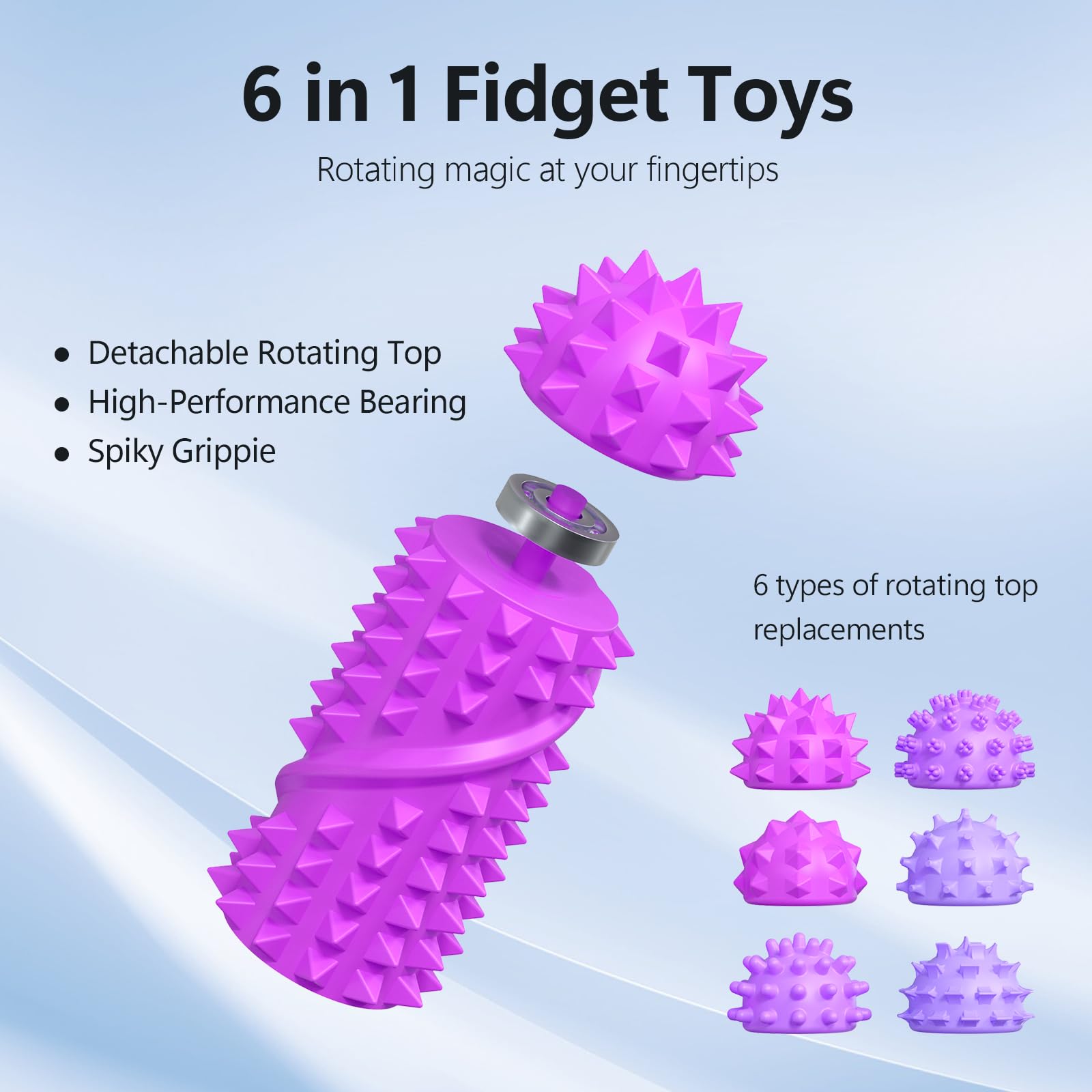 DoDoMagxanadu Pain Stim Fidget Toy with 6 Replaceable Spiky Heads – Silicone Sensory Toy for Stress Relief (Purple)