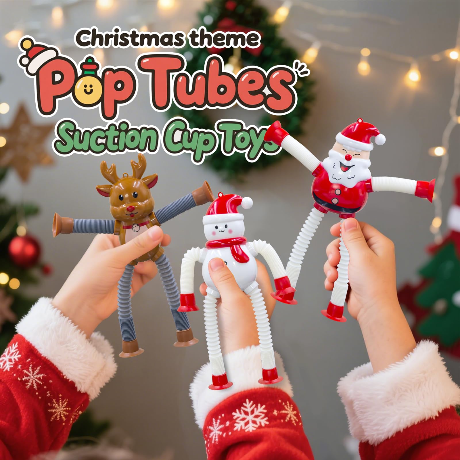 DoDoMagxanadu Pop Tubes Fidget Toys 4-Pack Christmas Telescopic Suction Cup Toy for Kids Ages 3-8