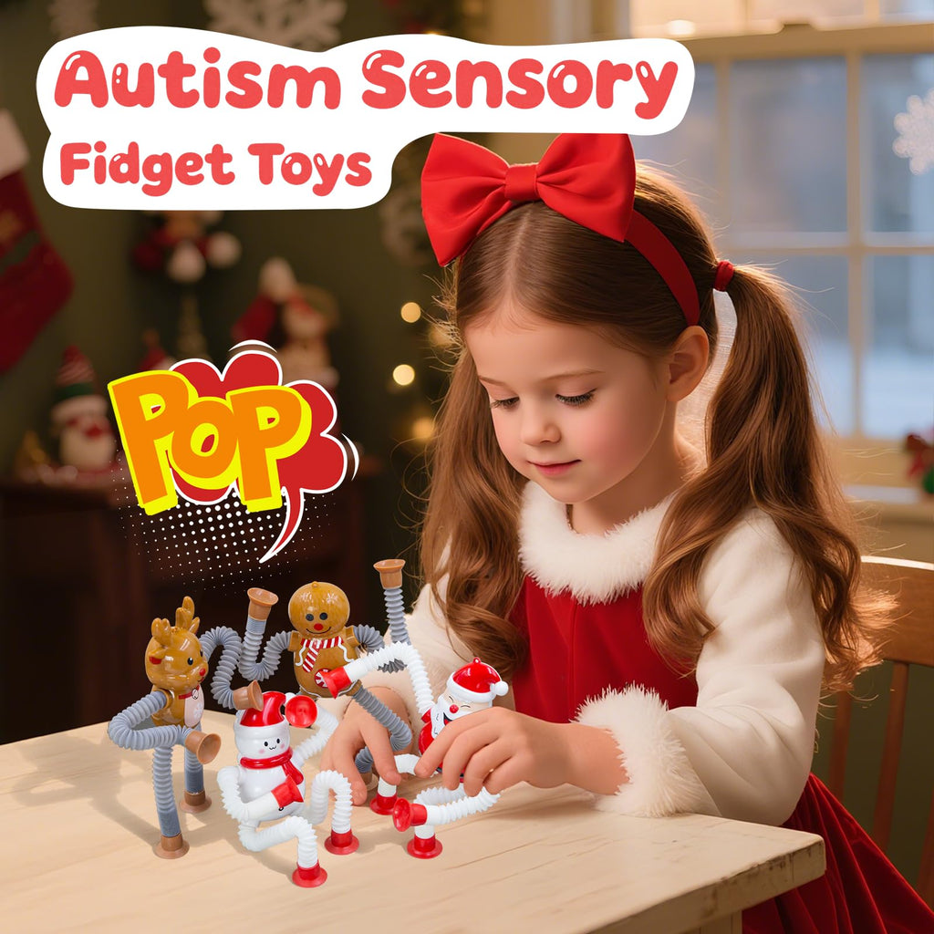 DoDoMagxanadu Pop Tubes Fidget Toys 4-Pack Christmas Telescopic Suction Cup Toy for Kids Ages 3-8