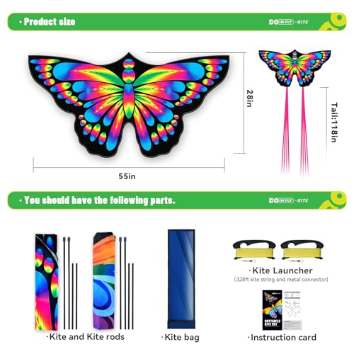 Doinfly 2-Pack Butterfly Kites for Kids and Adults, 55x27 Inch, Easy to Fly with 328ft String and Spool, Durable Polyester Fabric for Beach Park Backyard