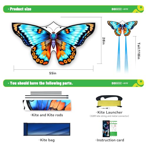 Doinfly Butterfly Kite for Kids – Easy to Fly with 328 ft Line & Winder, 55 inch, Polyester