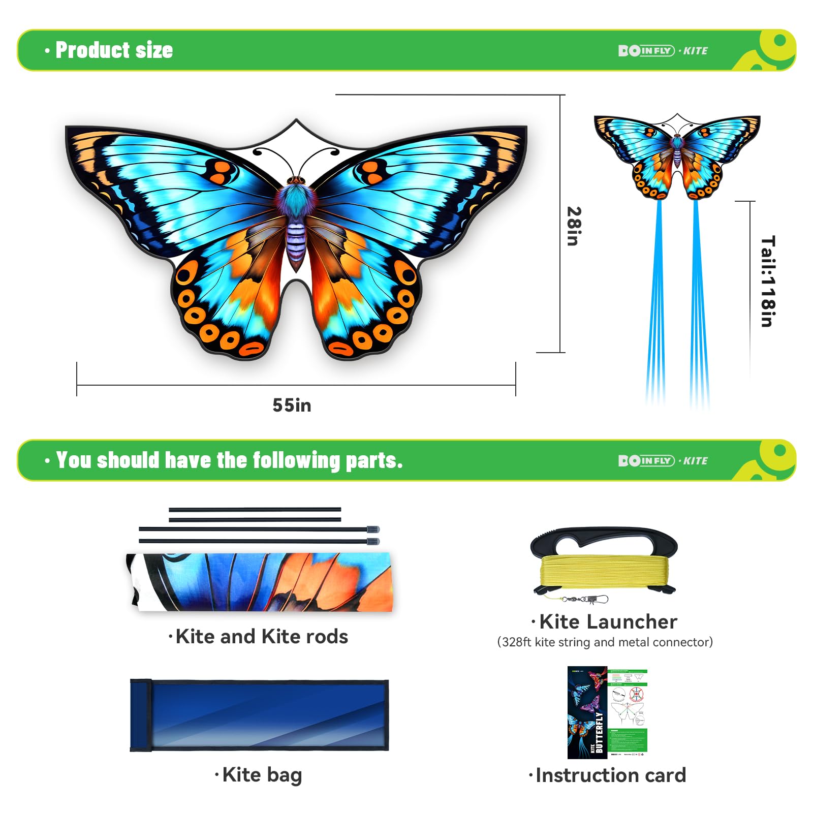 Doinfly Butterfly Kite for Kids – Easy to Fly with 328 ft Line & Winder, 55 inch, Polyester