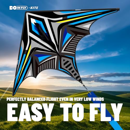 Doinfly Delta Mecha Kite 55x36 Inches – Easy to Fly for Kids & Adults, Blue Geometric