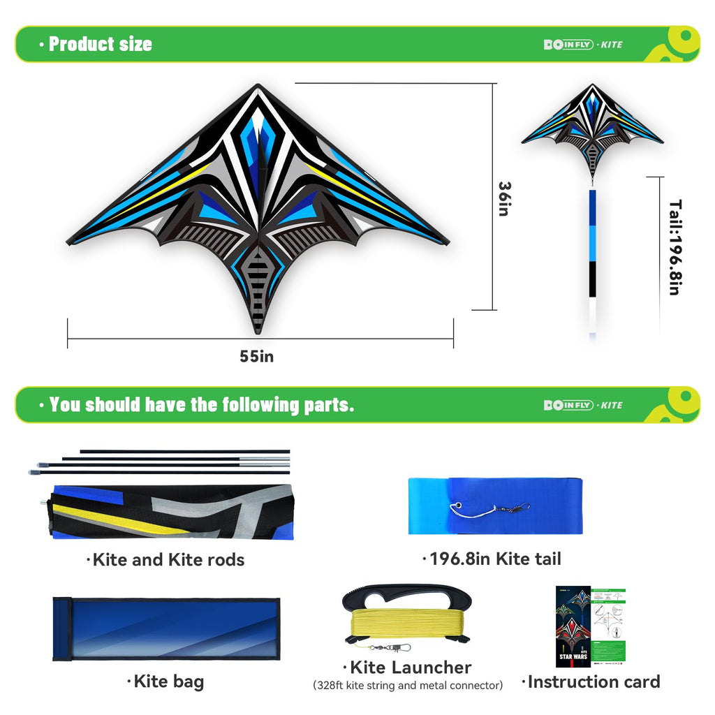 Doinfly Delta Mecha Kite 55x36 Inches – Easy to Fly for Kids & Adults, Blue Geometric