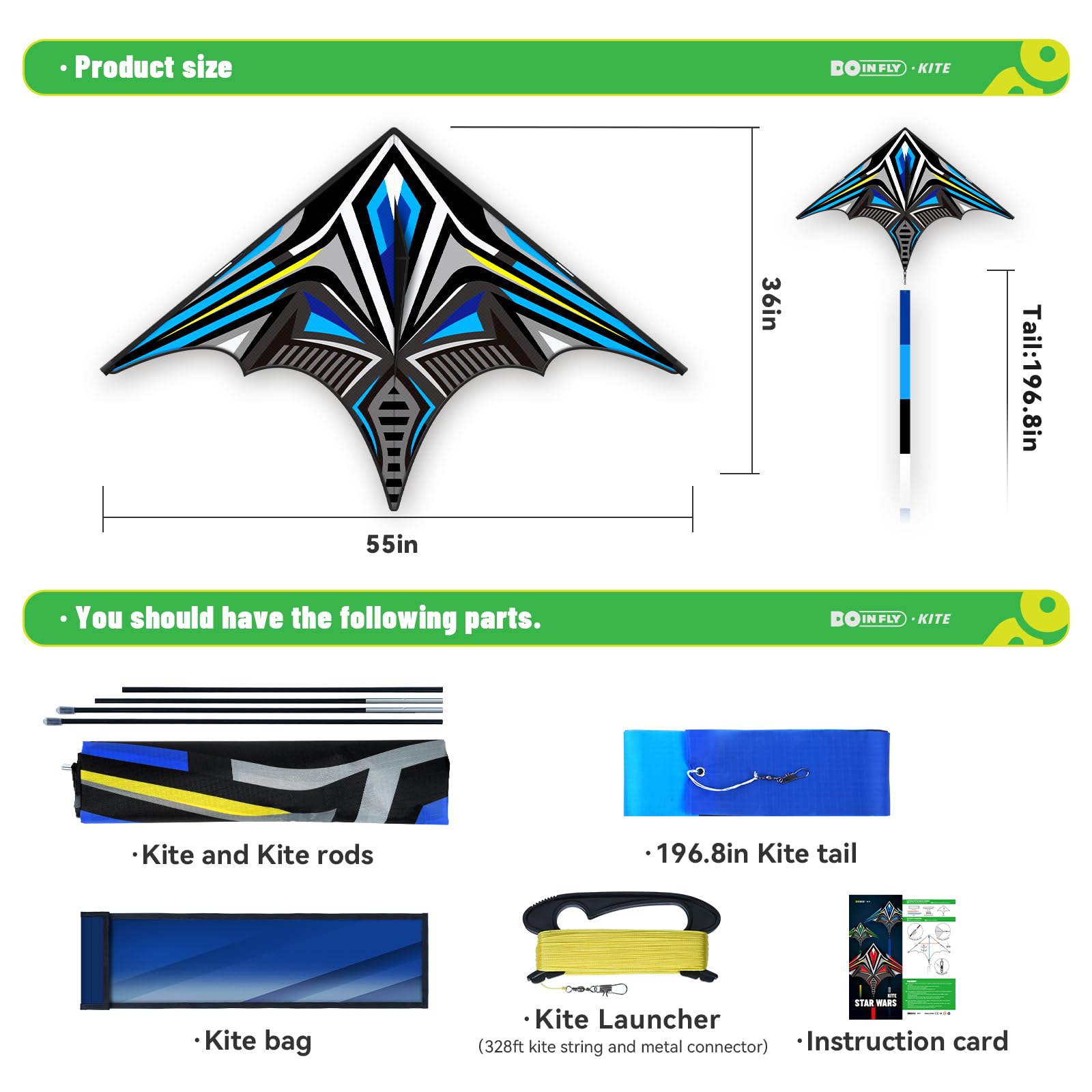 Doinfly Delta Mecha Kite 55x36 Inches – Easy to Fly for Kids & Adults, Blue Geometric