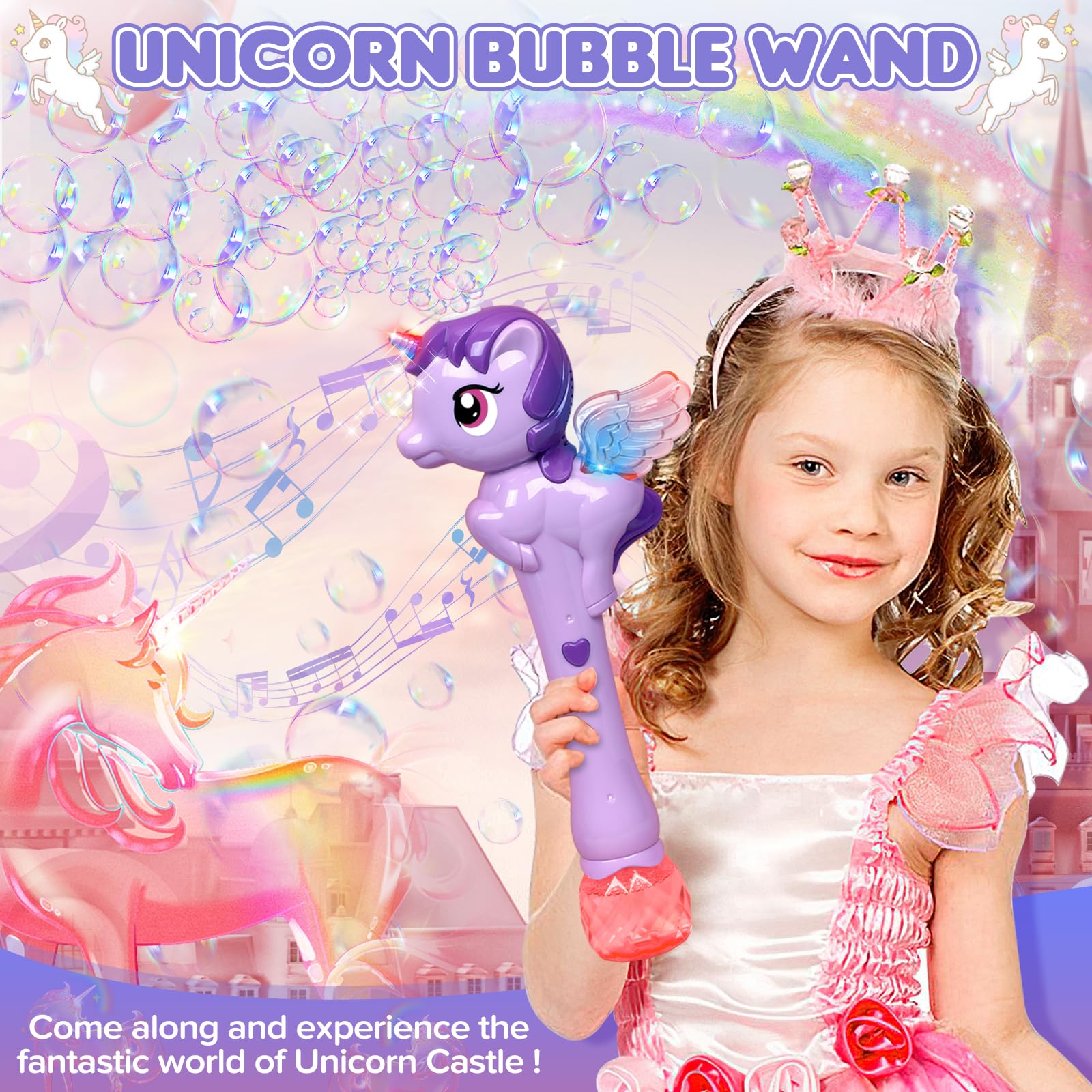 Dolanus Unicorn Bubble Wand with Lights and Music for Kids Ages 3-6, Purple
