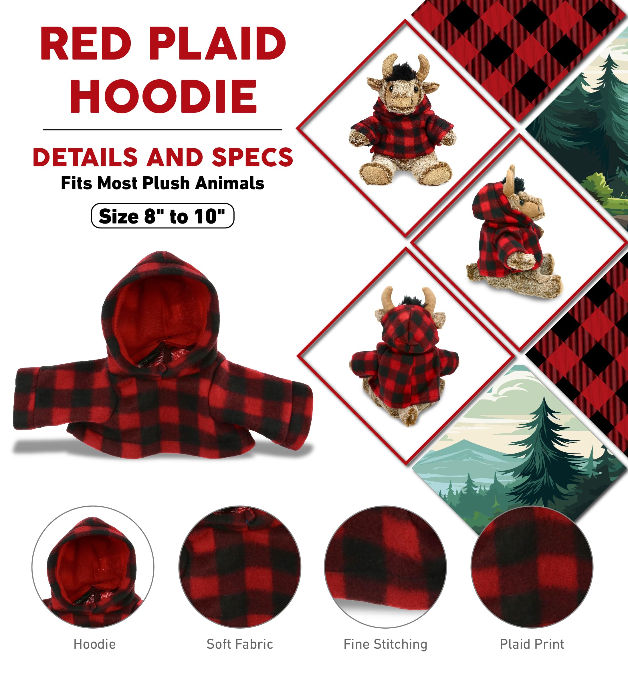 DolliBu Red Plaid Hoodie Teddy Bear Clothes - Large Plush Jacket for Stuffed Animals