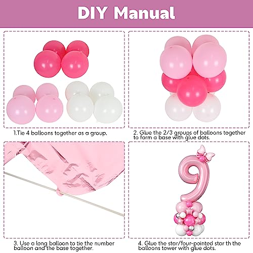 Domgoge 40 Inch Pink Number 9 Balloon Tower Set for 9th Birthday - Pastel Pink Foil & Latex Balloons with Stars, Bow, and DIY Accessories