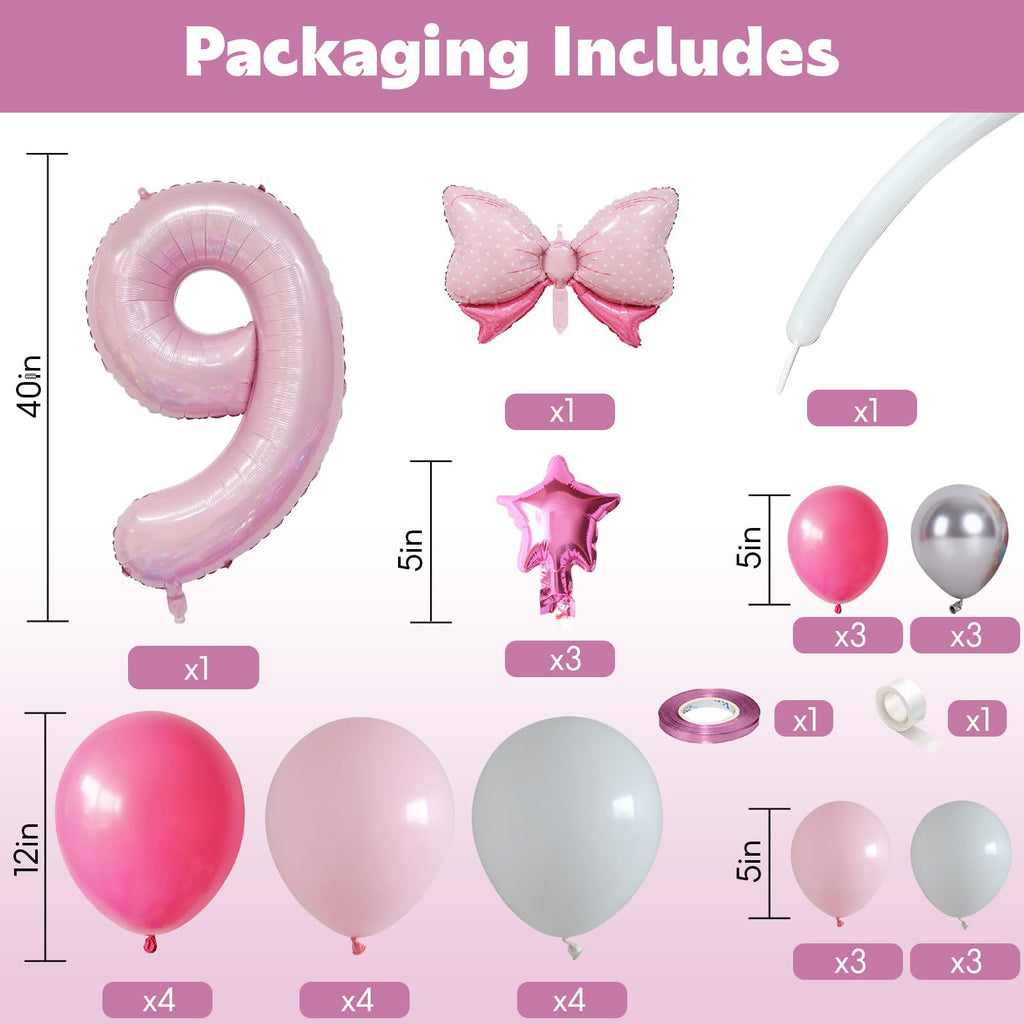 Domgoge 40 Inch Pink Number 9 Balloon Tower Set for 9th Birthday - Pastel Pink Foil & Latex Balloons with Stars, Bow, and DIY Accessories