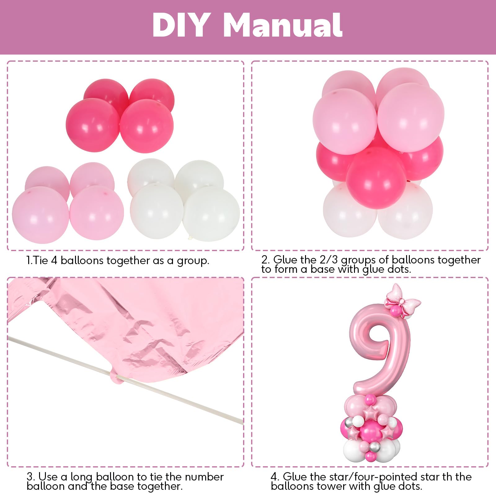 Domgoge 40 Inch Pink Number 9 Balloon Tower Set for 9th Birthday - Pastel Pink Foil & Latex Balloons with Stars, Bow, and DIY Accessories
