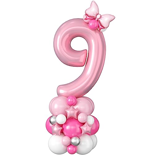 Domgoge 40 Inch Pink Number 9 Balloon Tower Set for 9th Birthday - Pastel Pink Foil & Latex Balloons with Stars, Bow, and DIY Accessories