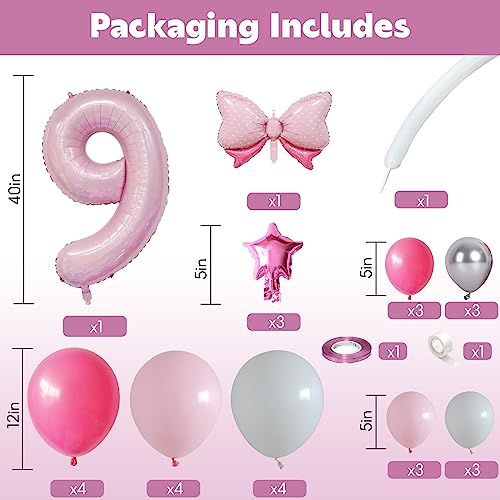 Domgoge 40 Inch Pink Number 9 Balloon Tower Set for 9th Birthday - Pastel Pink Foil & Latex Balloons with Stars, Bow, and DIY Accessories