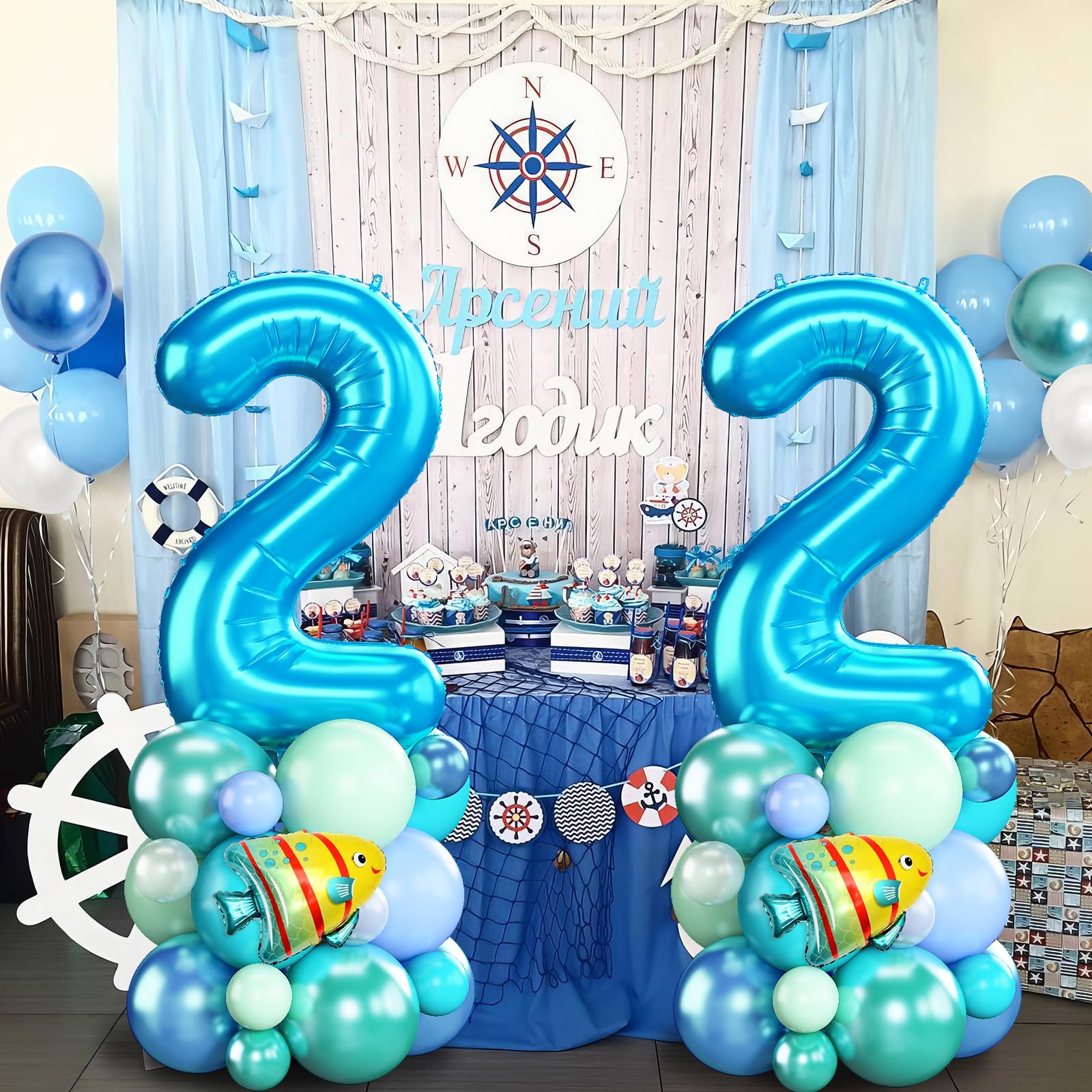 Domgoge Ocean Number 2 Balloon Tower Set – 40-Inch Foil, Shark & Octopus – Under the Sea Birthday Decor
