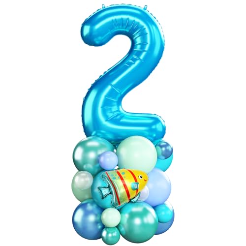 Domgoge Ocean Number 2 Balloon Tower Set – 40-Inch Foil, Shark & Octopus – Under the Sea Birthday Decor
