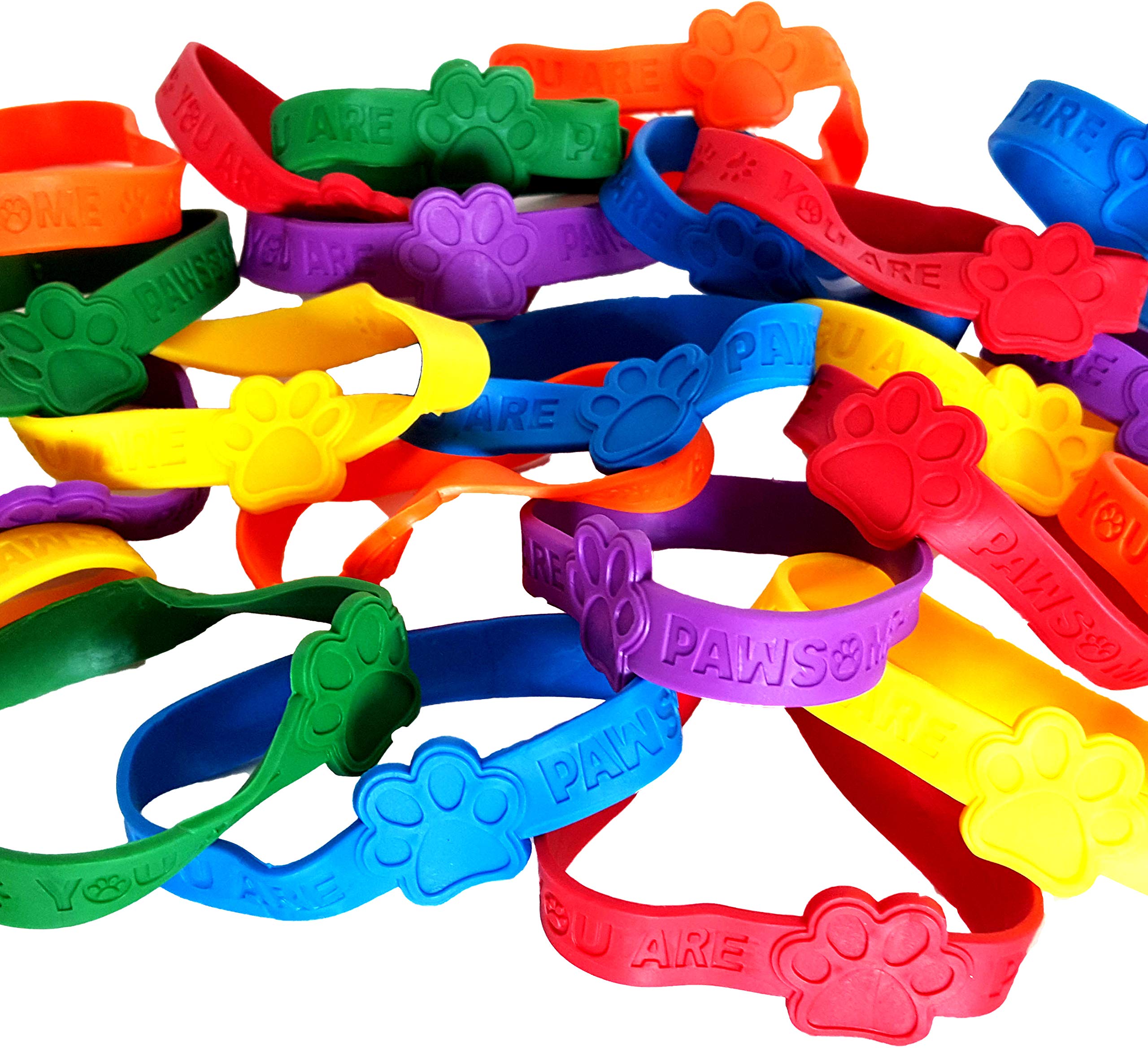 Dondor 'You Are Pawsome' Paw Print Rubber Bracelets - Pack of 24 Neon Party Favors for Kids